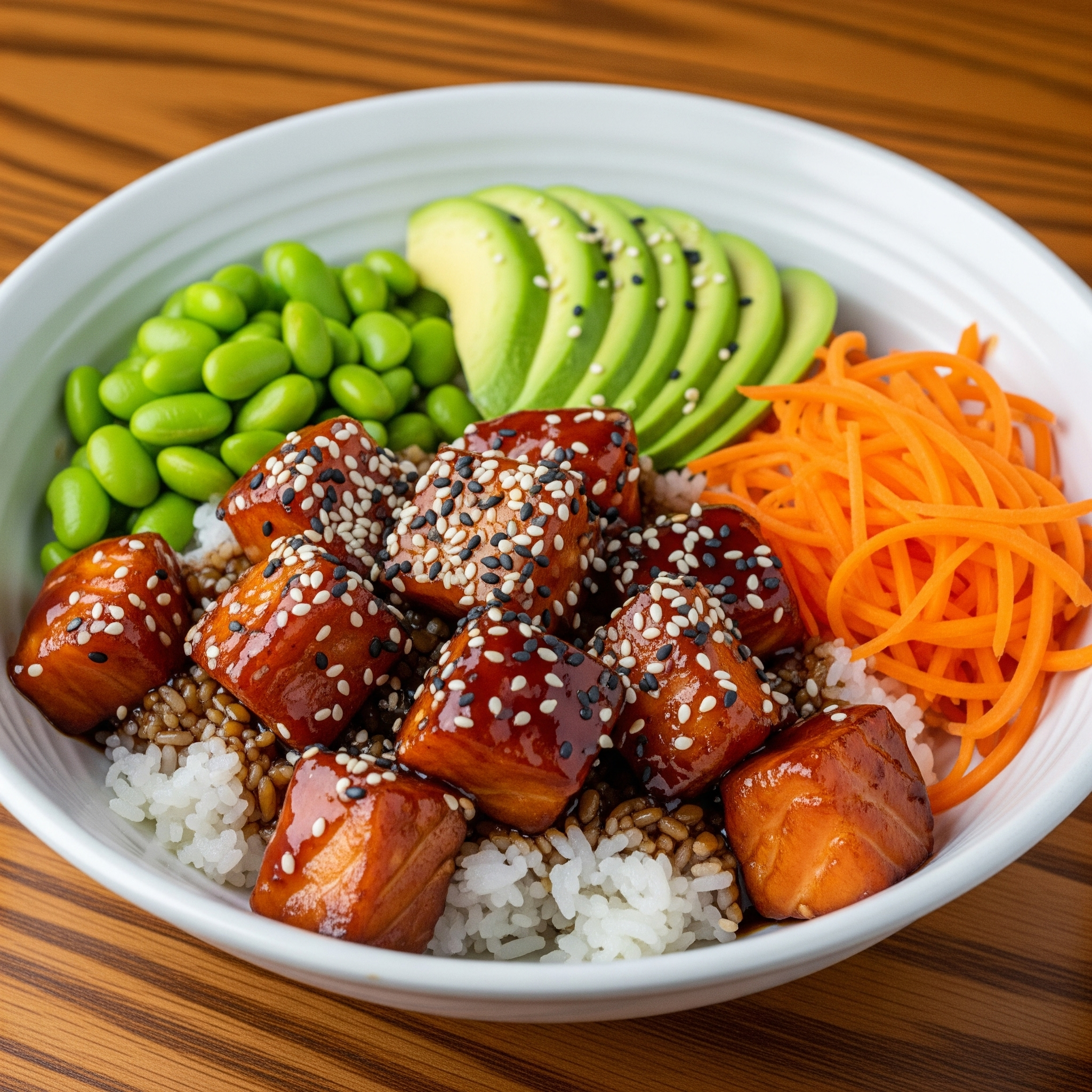 Bowl de salmão teriyaki vibrante